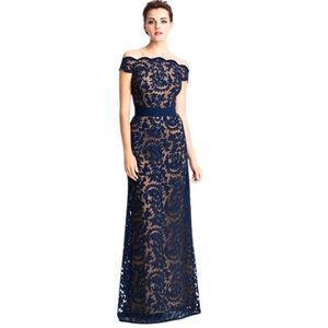 Tadashi Shoji Navy Nude Lace Evening Gown Maxi Dress Mermaid Wedding Prom Size 6